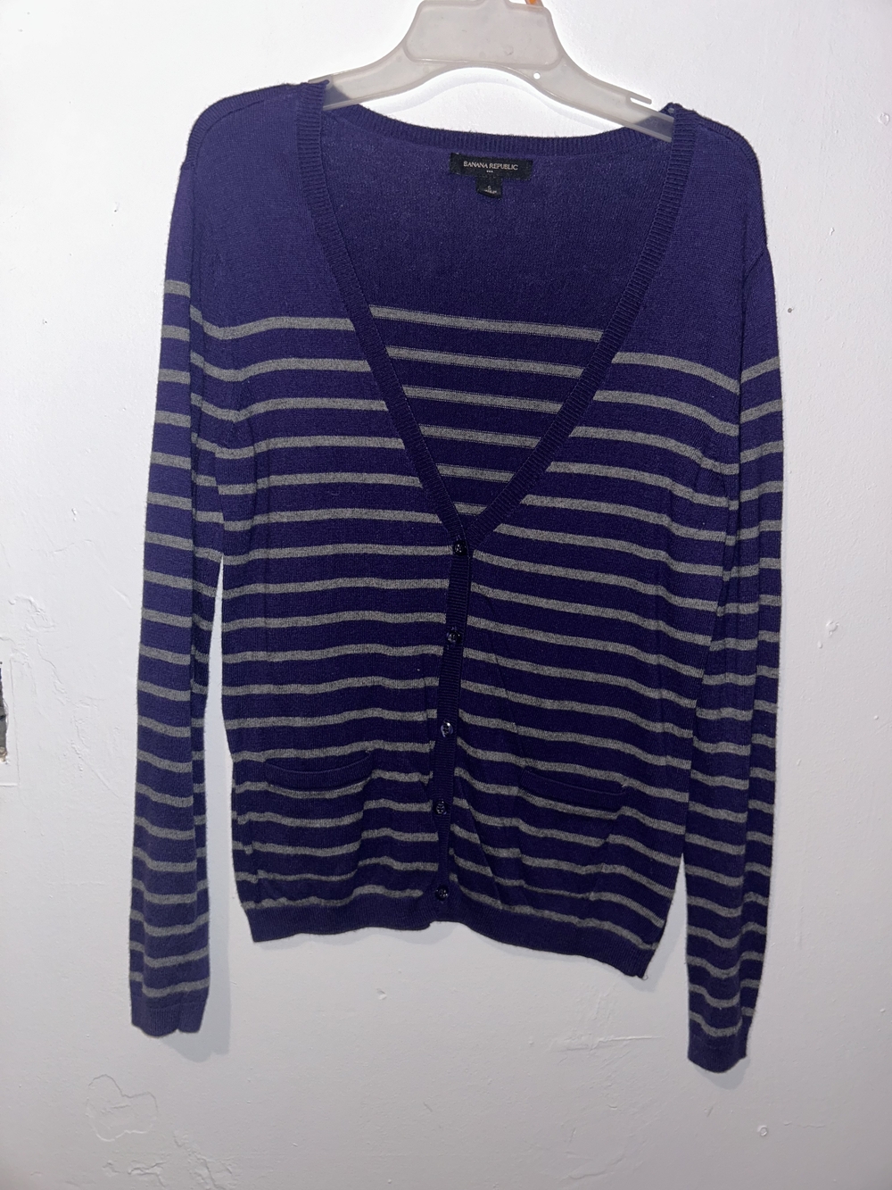 Banana Republic Purple & Gray Striped Button Cardigan